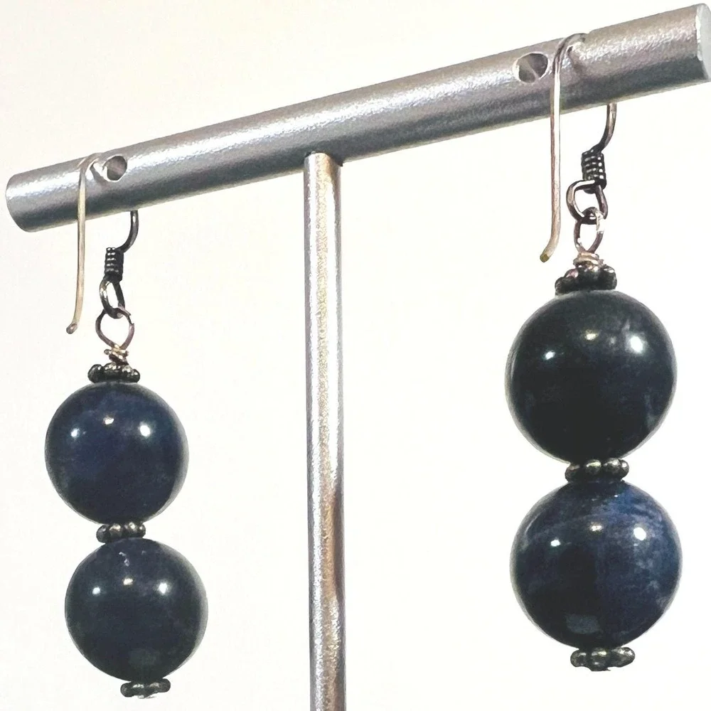 Vintage 925 Sterling Earrings Dark Blue Marbled Beaded Gemstone Dangle Hook 1.5'